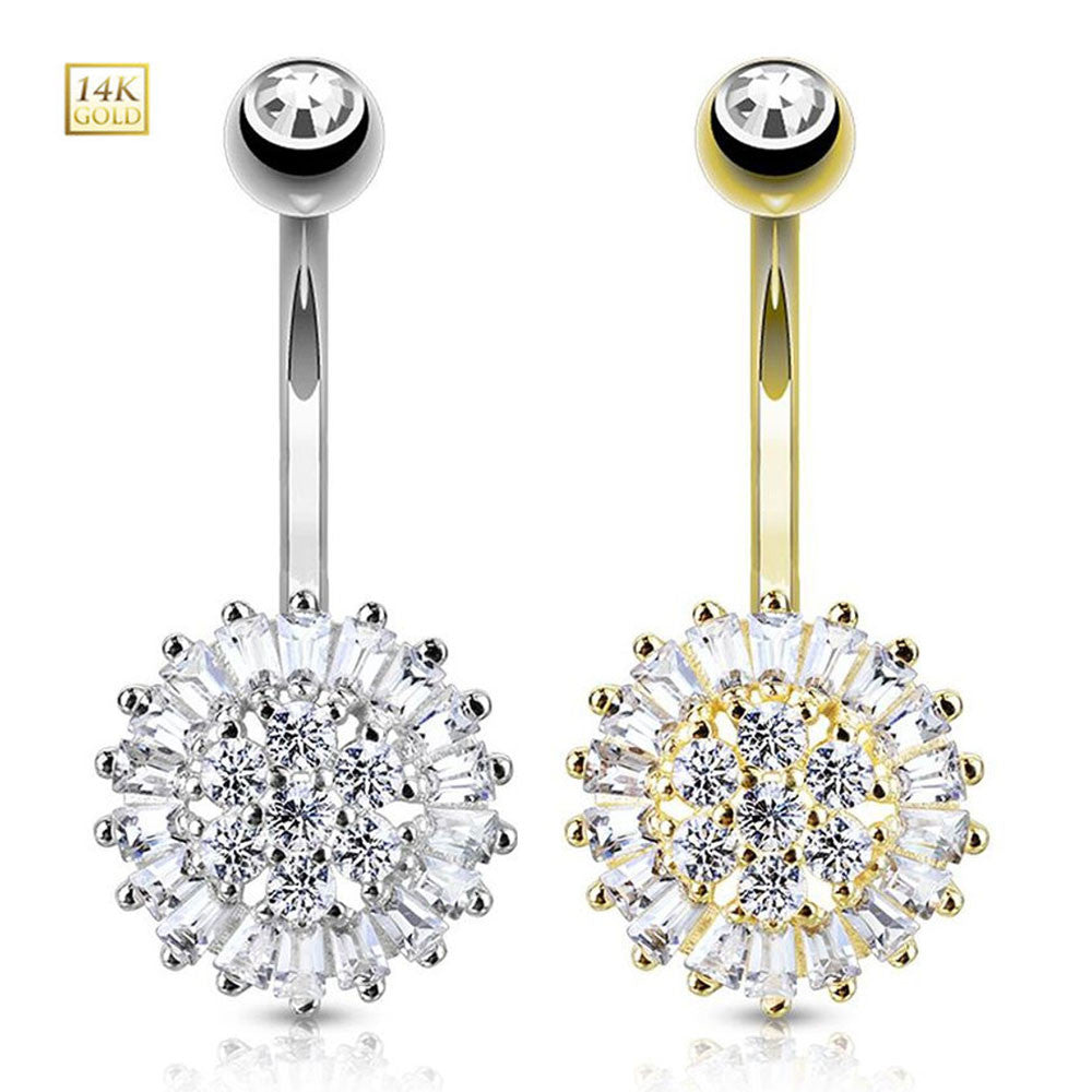 14KT Gold Clear CZ Sun Flower 14 Karat Solid Gold Navel Ring