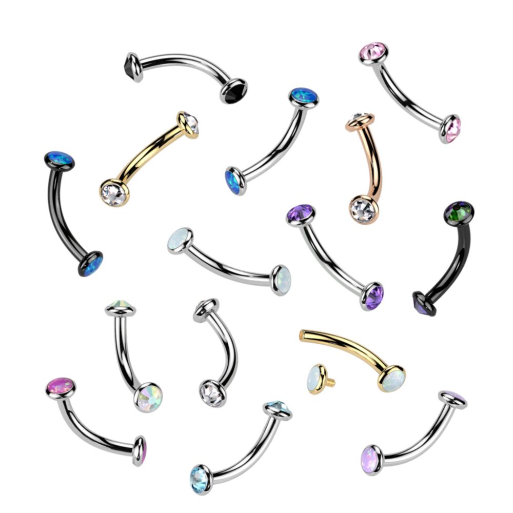 Implant Grade Titanium Internally Threaded Curved Barbell With Flat Bezel Set Crystal or Opal Ends