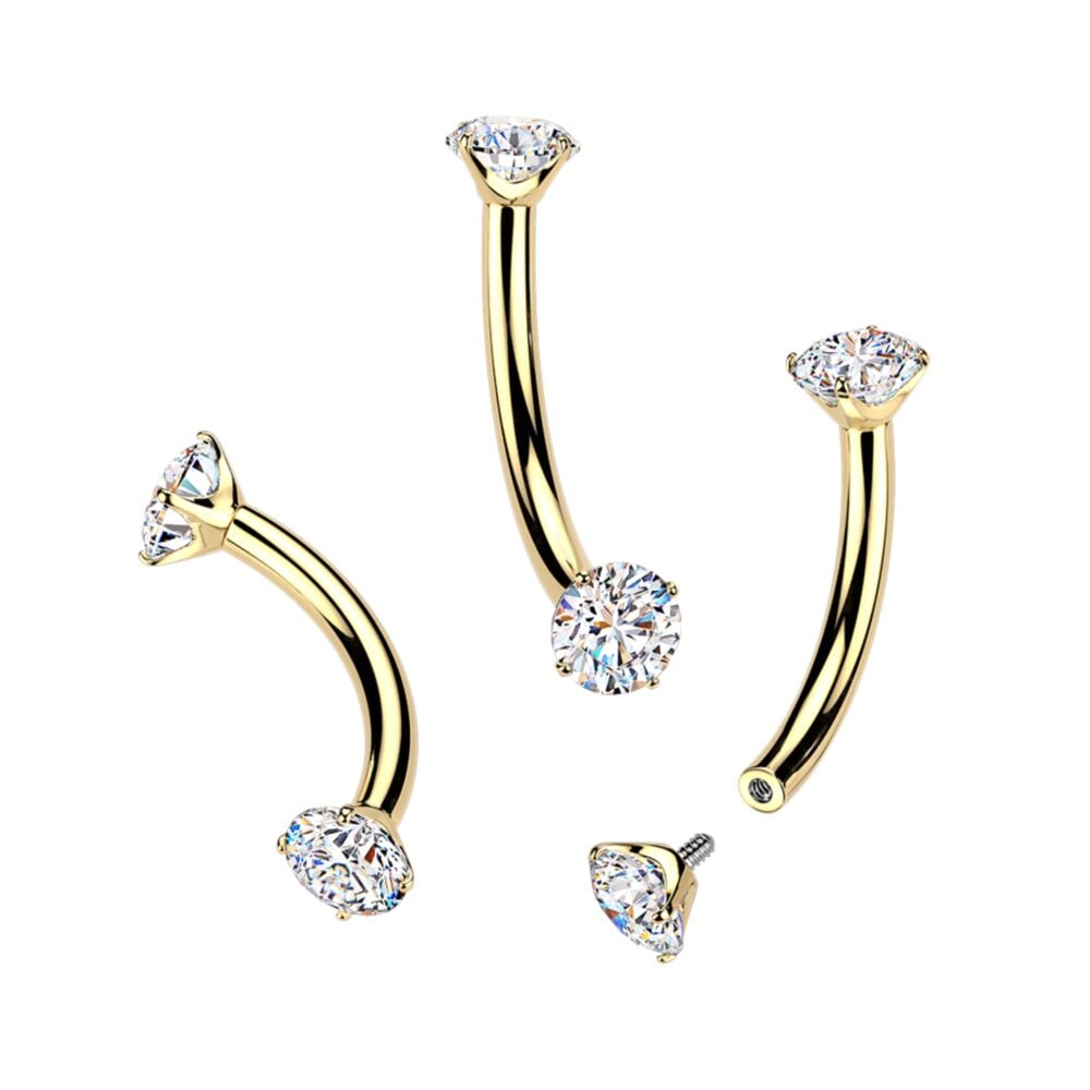 24K Gold PVD Titanium Internally Threaded Prong Set CZ Curved Barbell