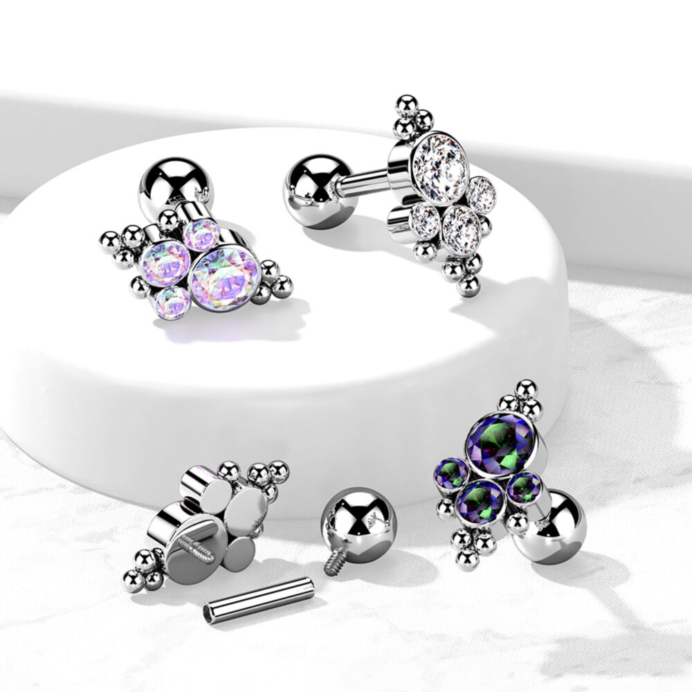 Implant Grade Titanium Internally Threaded Cartilage Barbell With Bezel Set CZ Cluster Center and Beaded Ball Edge Top