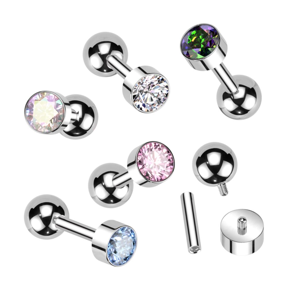 Implant Grade Titanium Internally Threaded Cartilage Barbell With Bezel Set Round CZ Top
