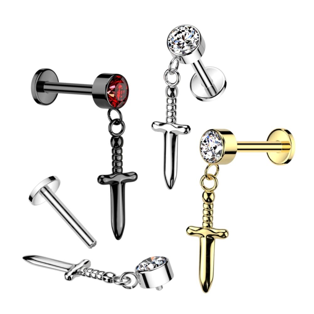 Implant Grade Titanium Internally Threaded Labret With Round Bezel Set CZ And Dagger Dangle Top