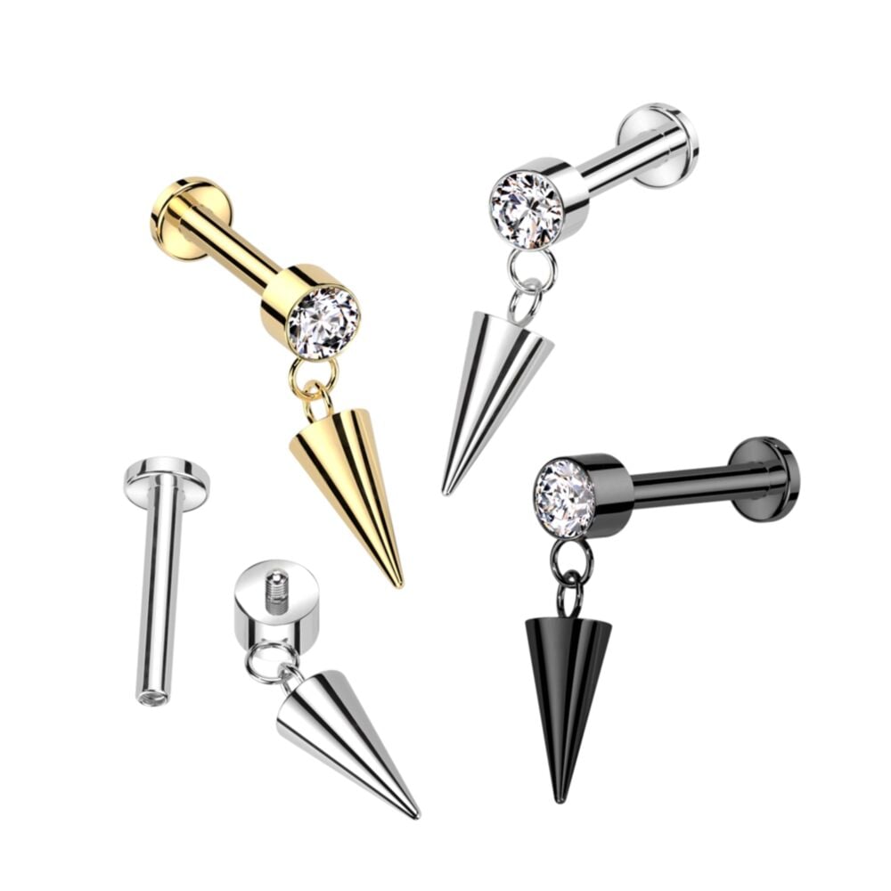 Implant Grade Titanium Internally Threaded Labret With Round Bezel Set CZ and Cone Dangle Top