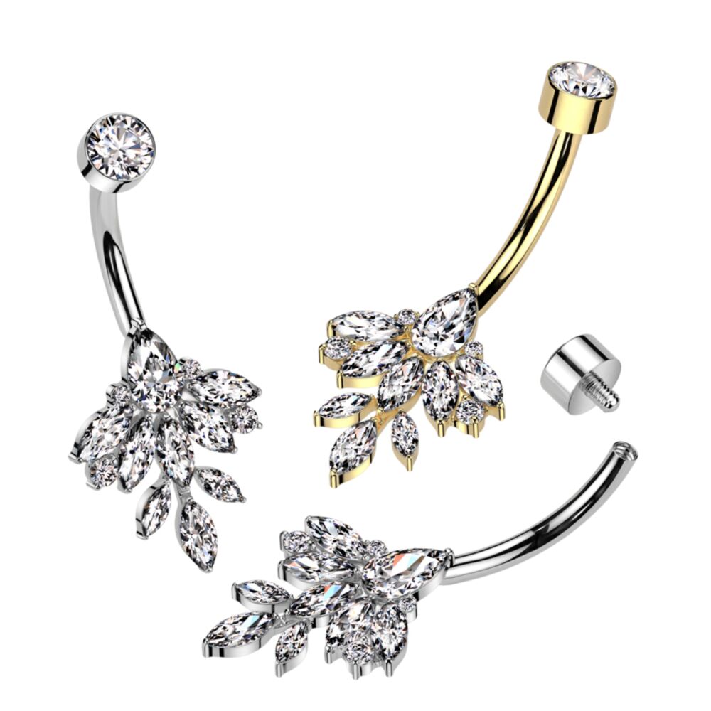 Implant Grade Titanium Internally Threaded Bezel Set CZ Top With Marquise Leaf CZ Vine Belly Button Ring