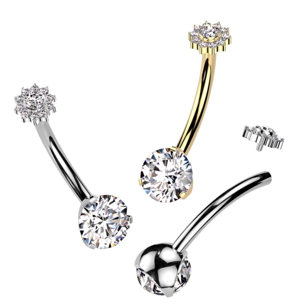 Implant Grade Titanium Internally Threaded Belly Button Pin With One Fixed Prong Set CZ