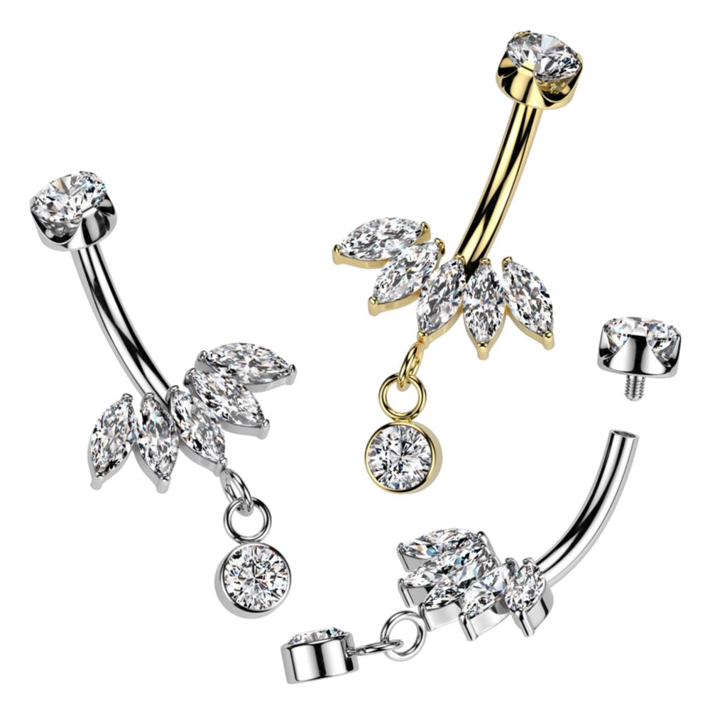 Implant Grade Titanium Internally Threaded 5 Marquise CZ Fan Bottom With Bezel Set CZ Dangle and CZ Prong Set Top Belly Button Ring