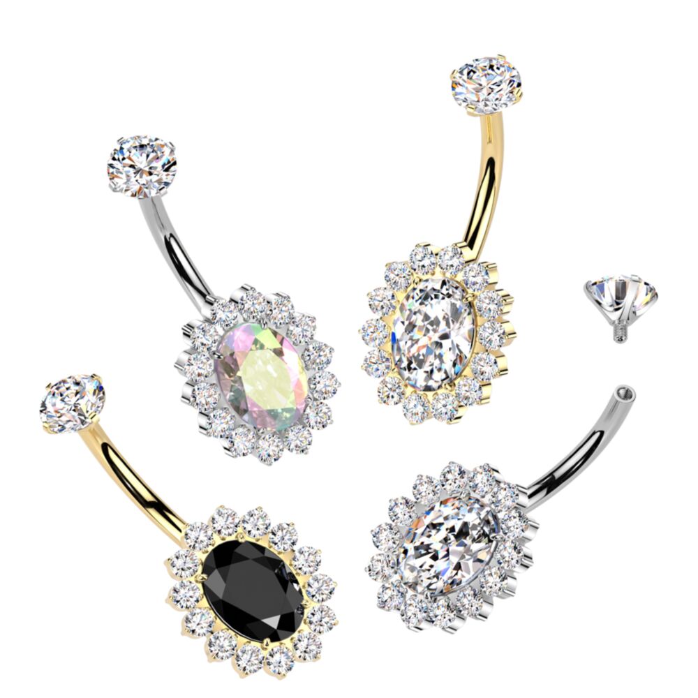 Implant Grade Titanium Internally Threaded CZ Oval Belly Button Ring With CNC CZ Pave Edge