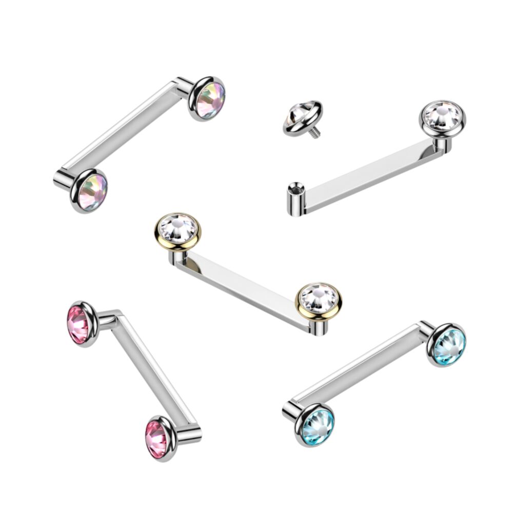 Implant Grade Titanium Internally Thread Flat Surface Barbell With 2mm Rise and Titanium Flat Bezel Set Crystal Tops