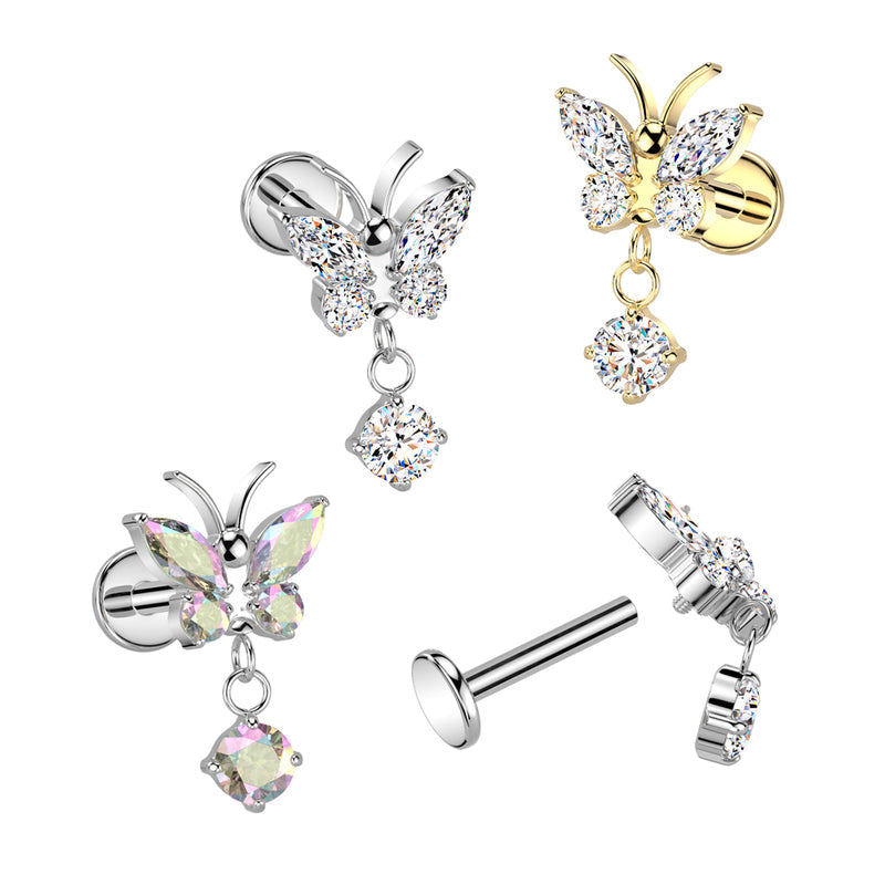 Implant Grade Titanium Internally Threaded CZ Butterfly Labret, Flat Back Stud With CZ Dangle