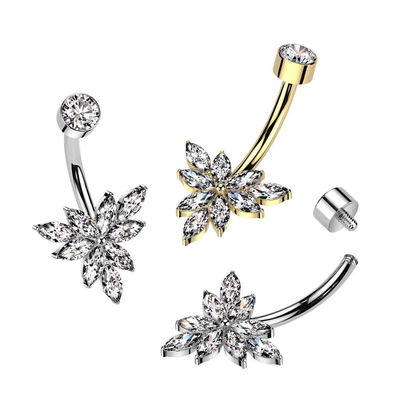 Implant Grade Titanium Internally Threaded Bezel Set CZ Top With Triangular Marquise CZ Flower Belly Button Ring