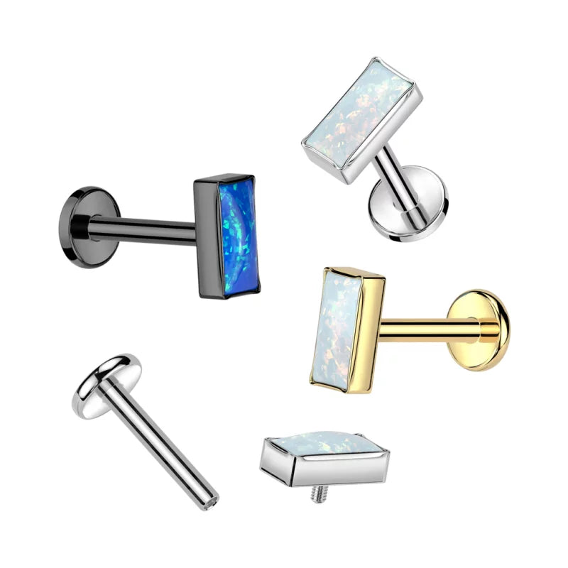Implant Grade Titanium Internal Thread Labret With Rectangular Bezel Set Opal Top