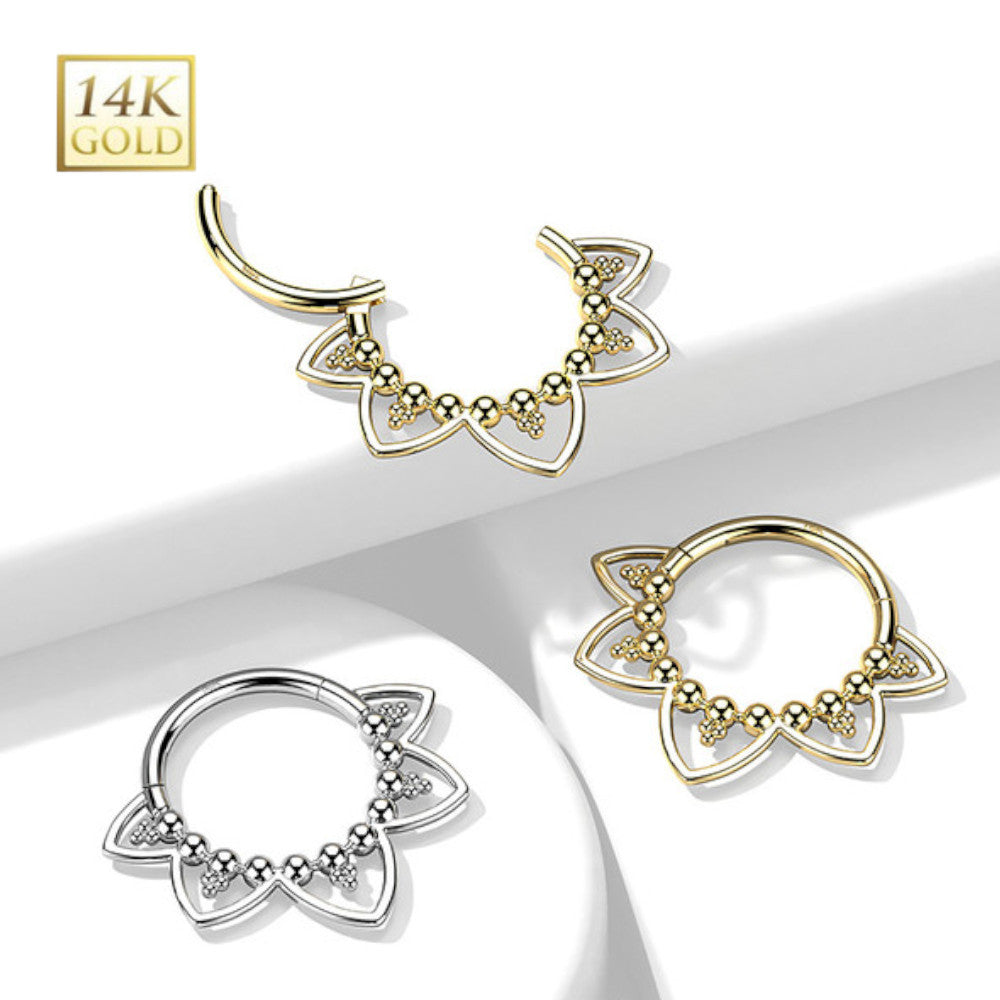 14KT Gold 14K Gold Hinged Segment Hoop Ring with Beads and Heart Filigree