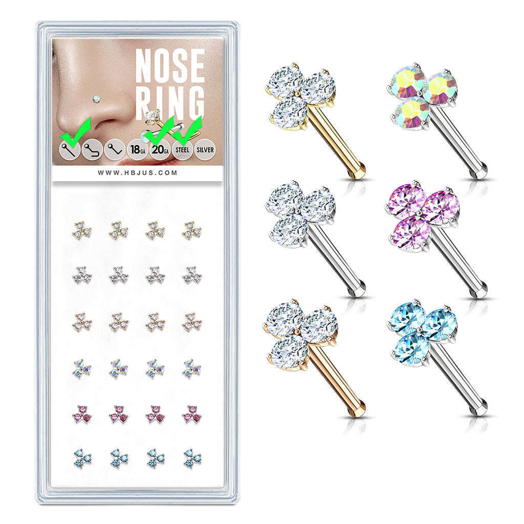 Box of Three CZ Stone Prong Set 20 Gauge 316L Surgical Steel Nose Stud Rings Pack ( x)